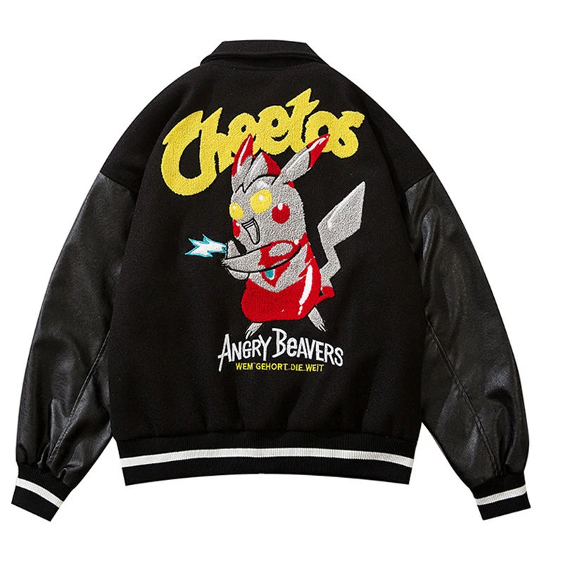 

Hip Hop Harajuku Baseball Jackets Men Patchwork Cartoon Anime Embroidery Varsity Jacket PU Leather Sleeve Oversized Coat Unisex