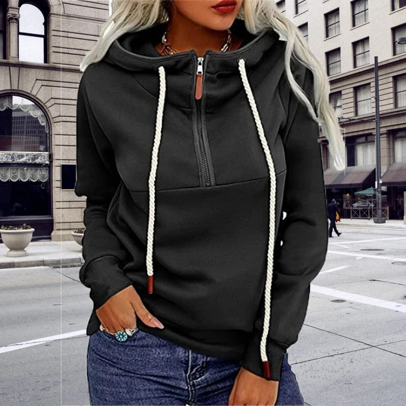 Autumn Long Sleeve Solid Loose Hoodies Women Casual Zipper Drawstring Hooded Sweatshirt Elegant Turtleneck Winter Pullover Tops