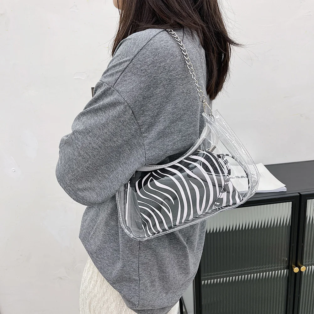 

Vintage Transparent Composite Bags PU Shoulder Underarm Print Small Handbags Summer Shoulder Bag for Women Wallet