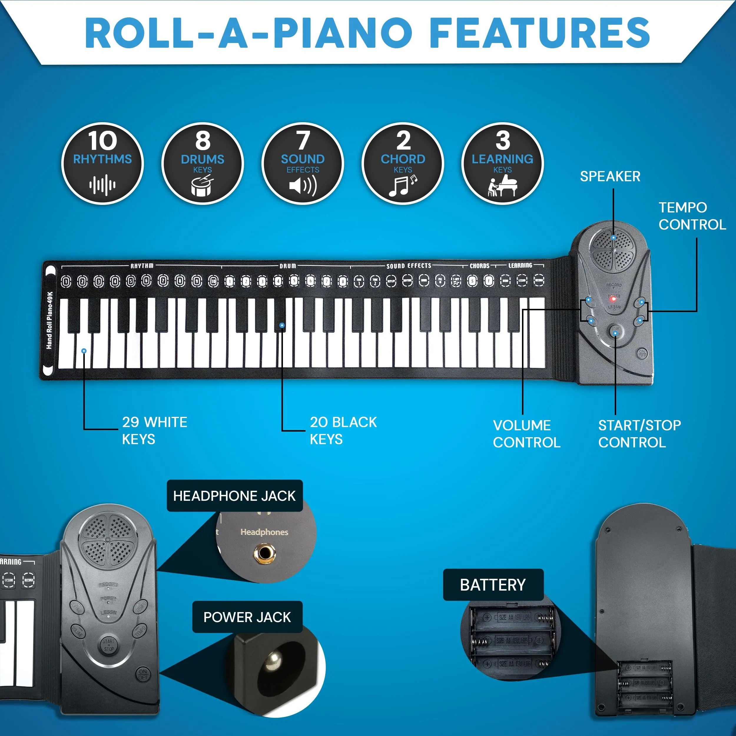 

USB Hand Roll Up Piano Portable Folding Electronic Organ Keyboard Instruments 49 Key for Music Lovers Playing Accessories