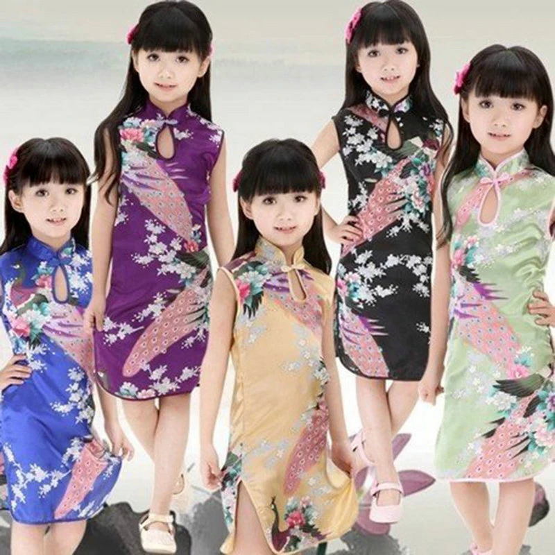 

Baby Girl Cheongsam Dress Children Summer Peacock Sleeveless Slim Qipao Toddler Girls Traditional Dress Chinese Style New