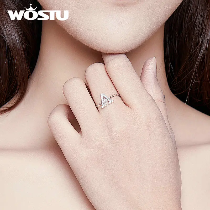 WOSTU, настоящее 925 пробы, Серебряные буквы, а м кольцо, циркон, регулируемое, 8 см., звено цепи, кольца с буквами алфавита, палец для женщин, ювелирные изделия CQR601