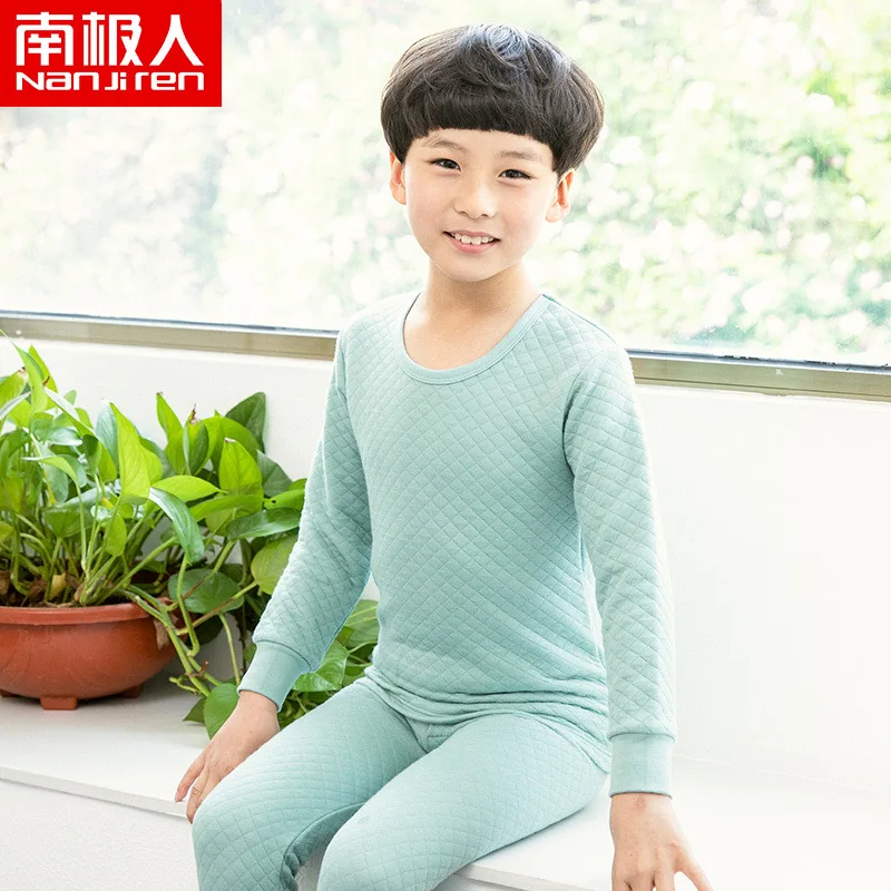 Round neck green Антарктическое детское термобелье комплект хлопковой одежды в подростки теплозащитные воздушные рубашки для малышей осенняя одежда длинные штаны Три слоя холодного - Цвет: Round neck green