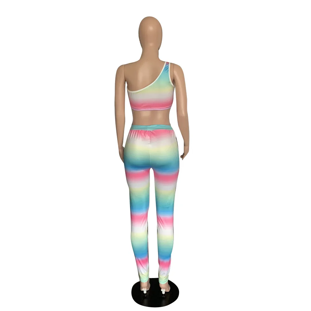 

Summer 2021 Female Fashion Gradient Color Matching Set Casual Gradient Striped Print Sleeveless Undershirt Slim Two Piece Set