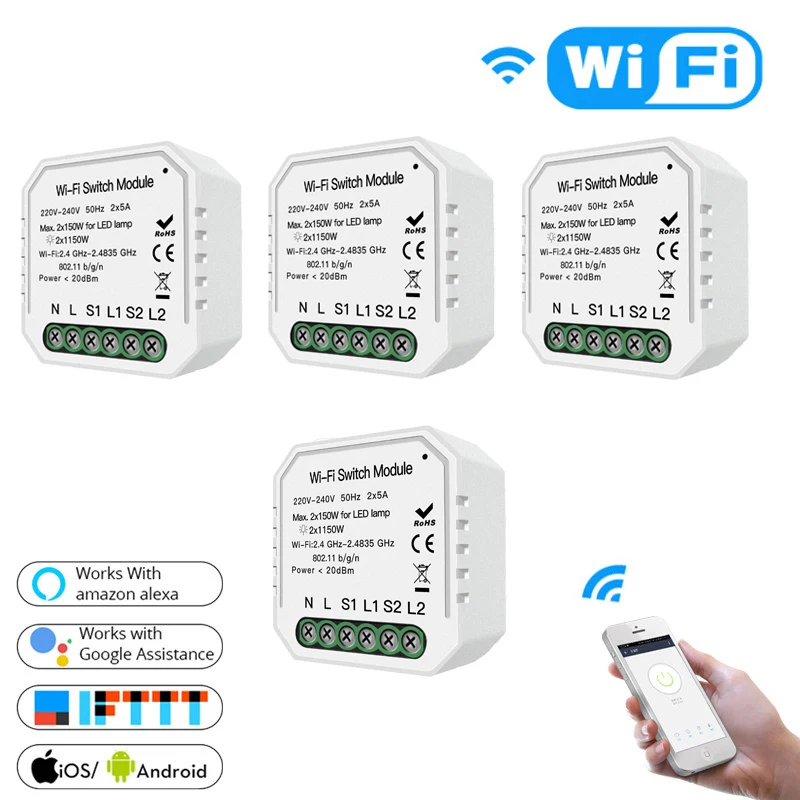 4 PCS 2 способ Wi-Fi дистанционный переключатель освещения Diy модуль приложение дистанционное управление независимо от переключатель работы с Alexa Google Home - Цвет: 4 PCS