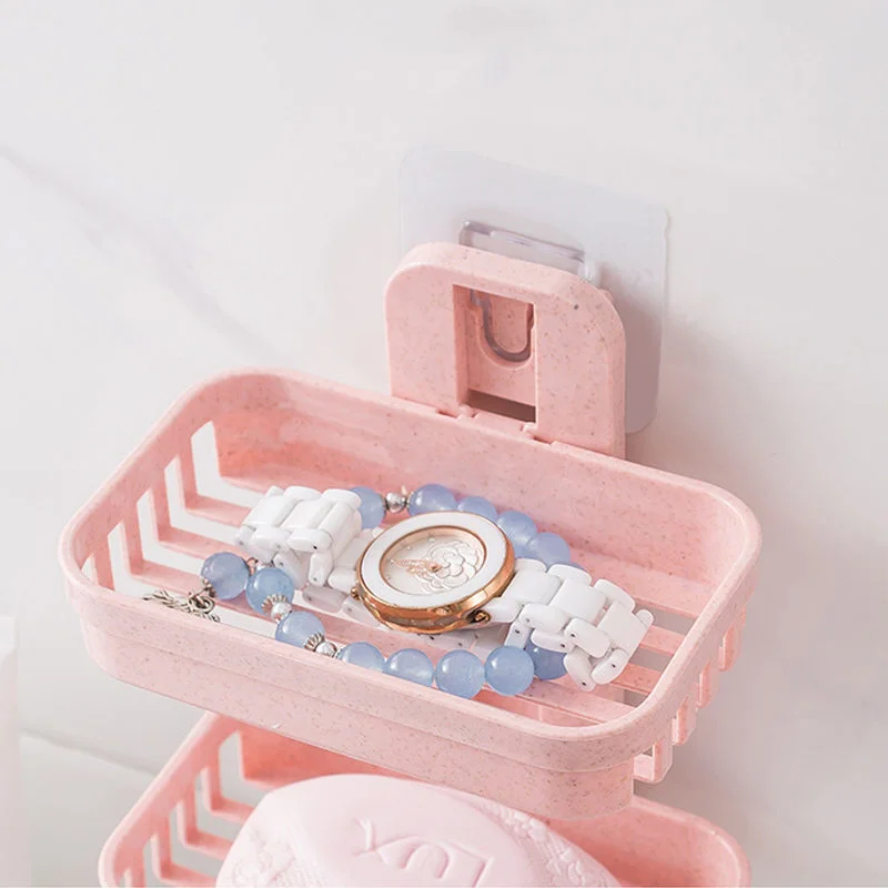 

Bathroom Suction Cup Soap Dishes Plastic Holders Wall mounted Double deck Creative Drainage Soap Storage Double Racks