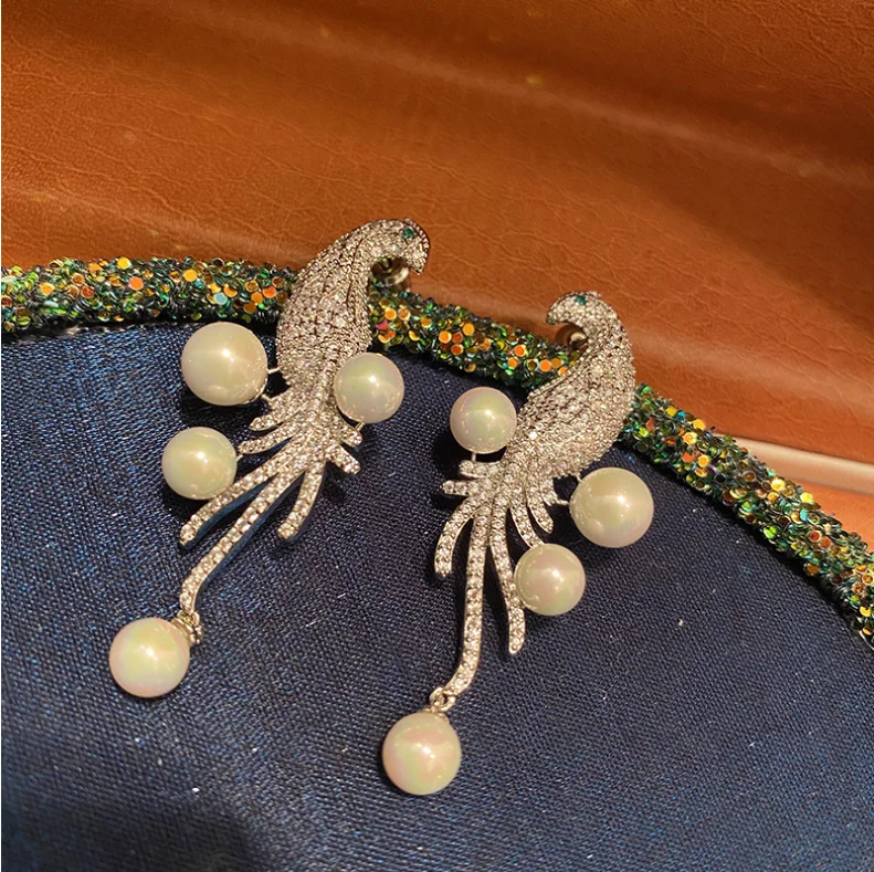 

Baroque bird pearl tassel earrings full zircon simple wild women earrings