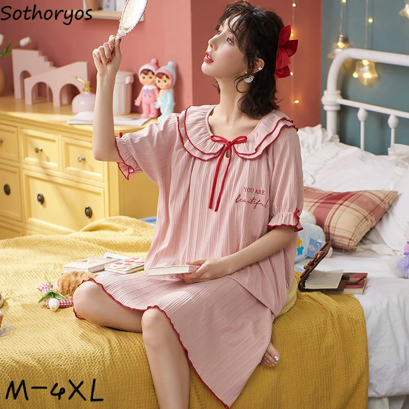 

Women Sleepshirts Oversize 4XL Ruffles Short Sleeve Printed Round Neck Mid-calf Length Summer Thin Sweet Female Homewear Baggy