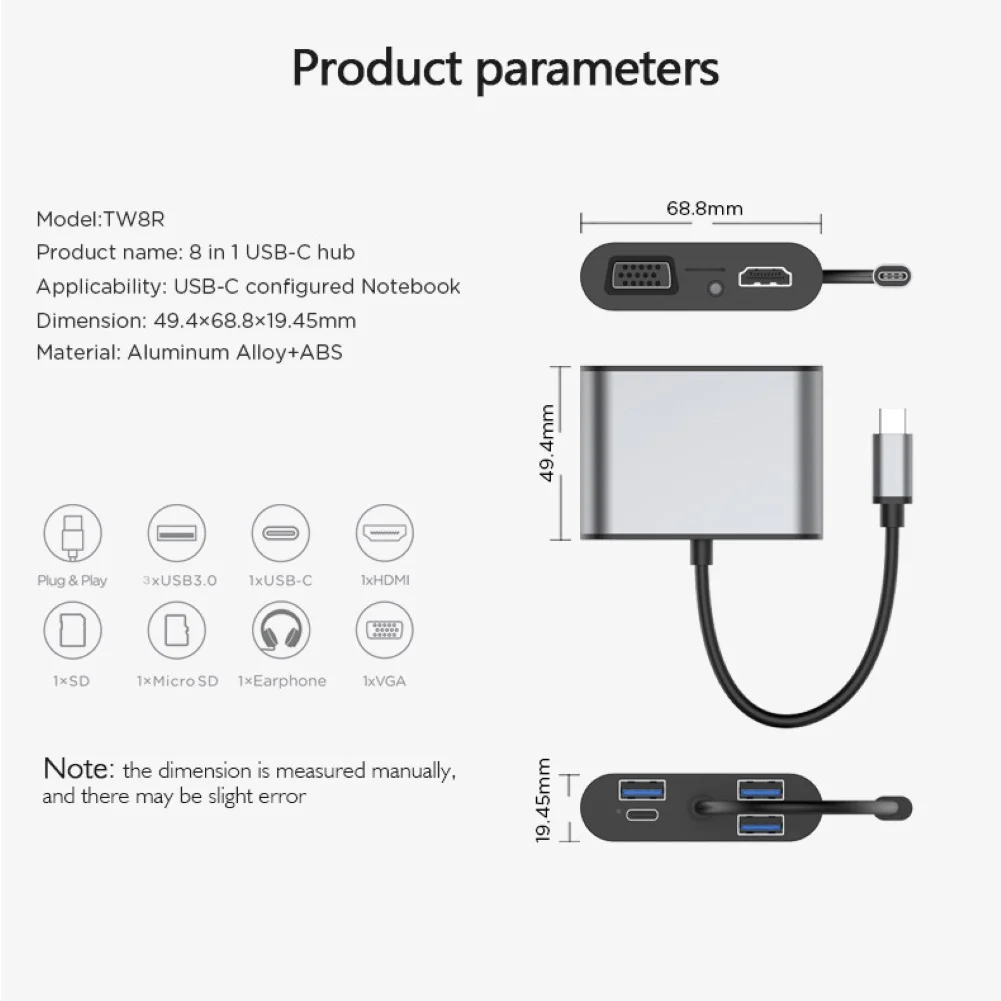 

8-in-1 Type-C to 4K HDMI-compatible VGA PD Charging USB 3.0 2.0 Hub Docking Station Adapter