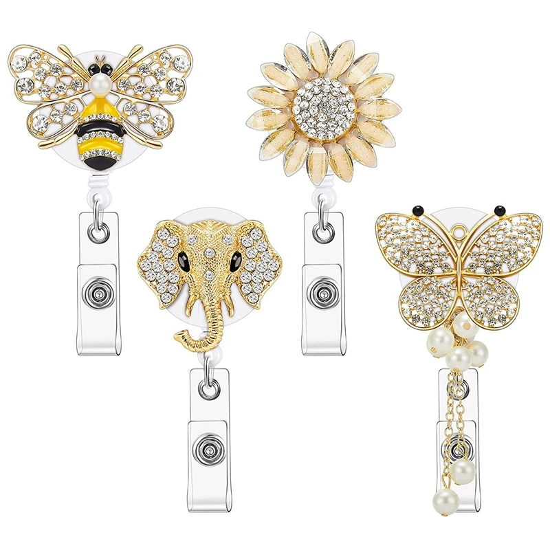 

4 Pieces Rhinestone Retractable Badge Reel Cute Animal Name ID Badge Reel Clip for Volunteer Nurse Teacher