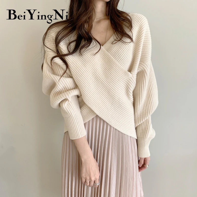 

Beiyingni Korean Fashion Sweater Women Chic Crossed Loose Knitted Pullovers Female Plain V-neck Warm Soft Jumper Black Tops 2021