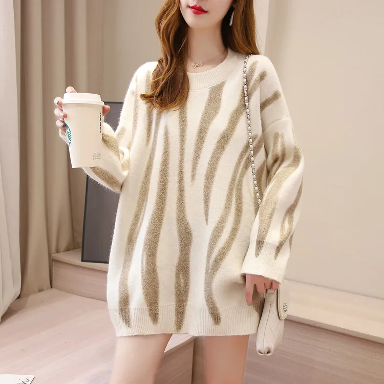 

Striped Sweater Women Autumn Winter Casual O-Neck Long Sleeve Pullover Sweater Korean Fashion Loose Thicken Long Purple Jumpers