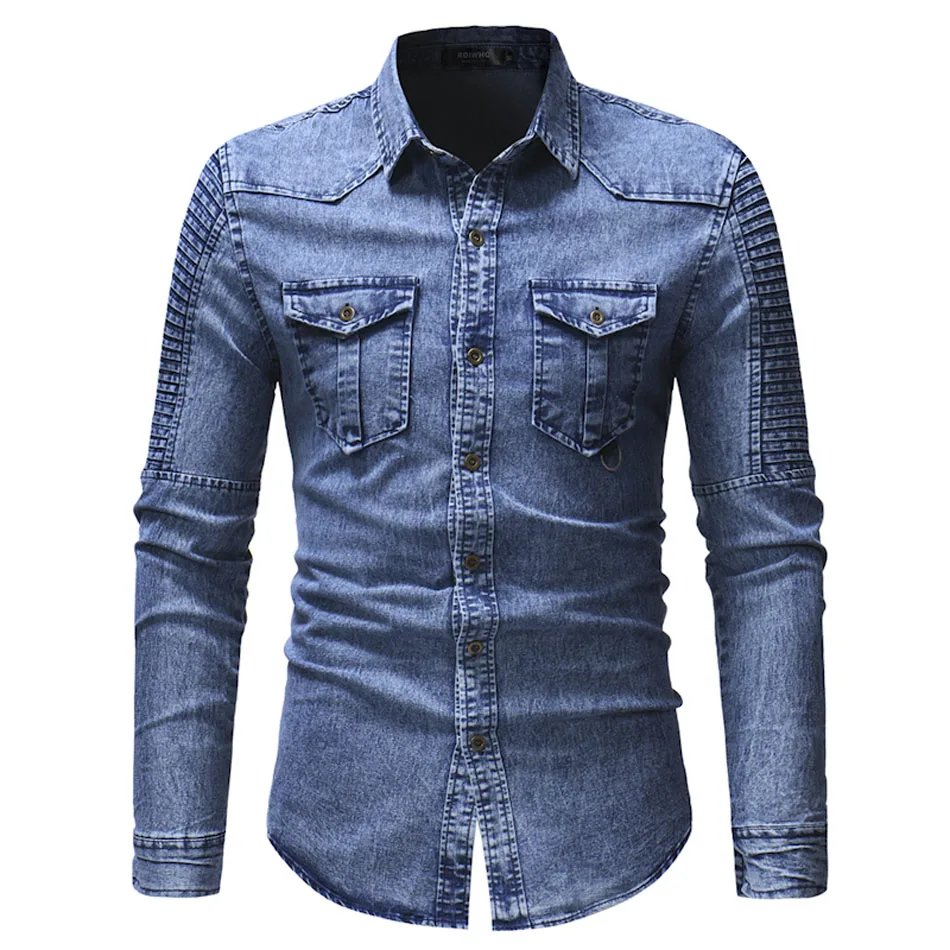 

Spring Autumn High Quality Denim Shirt Men Casual Long Sleeve Fit Slim Personality Pocket Black Blue Shirt plus size 3XL