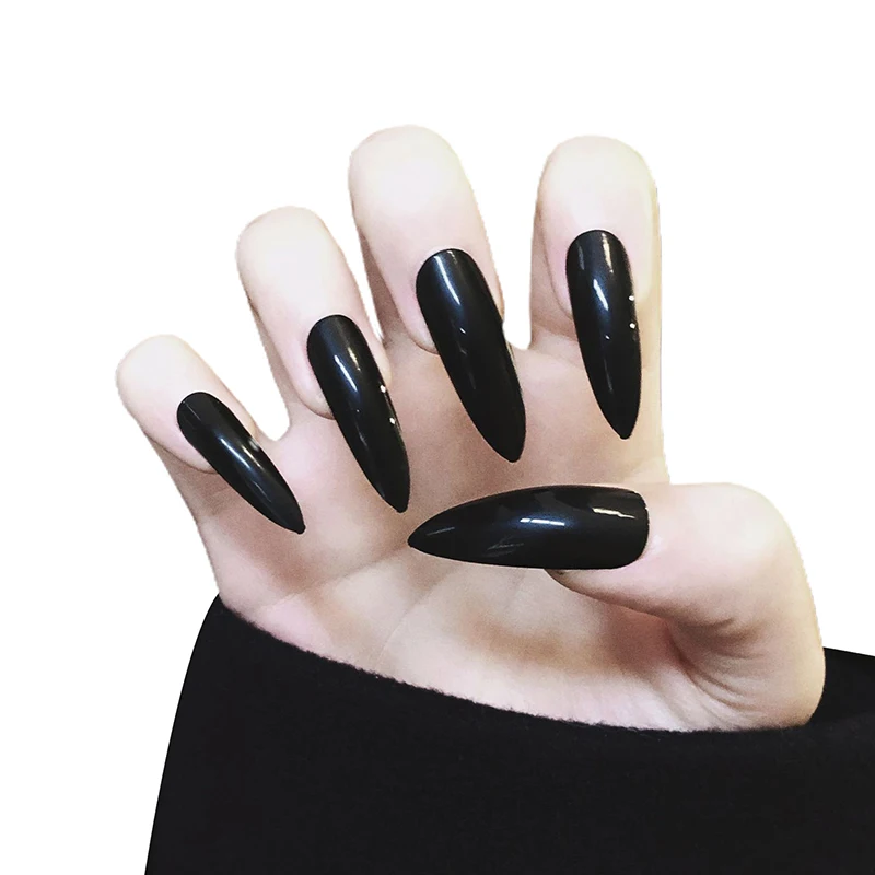 

Medium and Long Fake Nails Black Pointed Head Wear Nail Stickers Finished Nails 24 Pieces With Glue CIN6 899