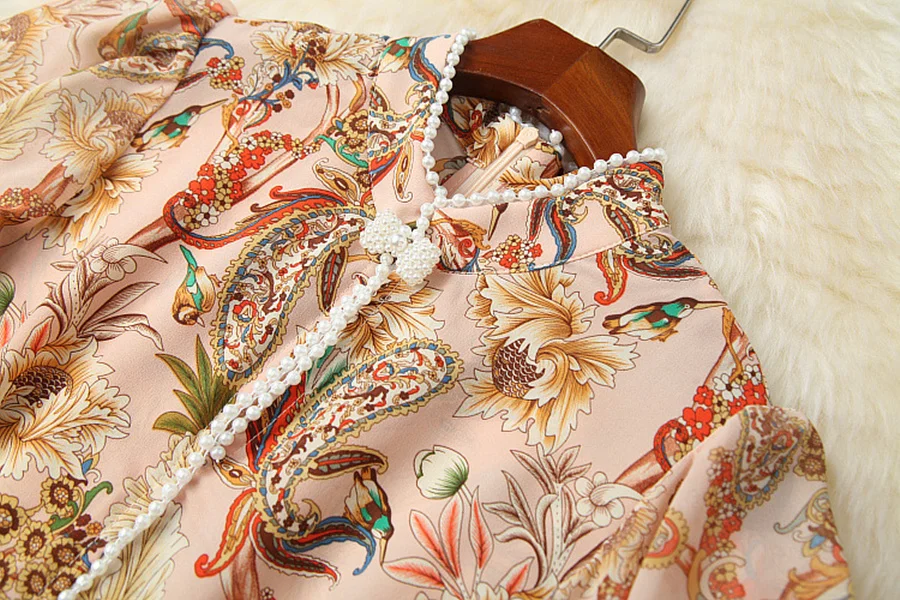 

Europe and the United States women's clothing New Summer 2021 Short sleeves beaded bow collar Fashionable print fishtail dress