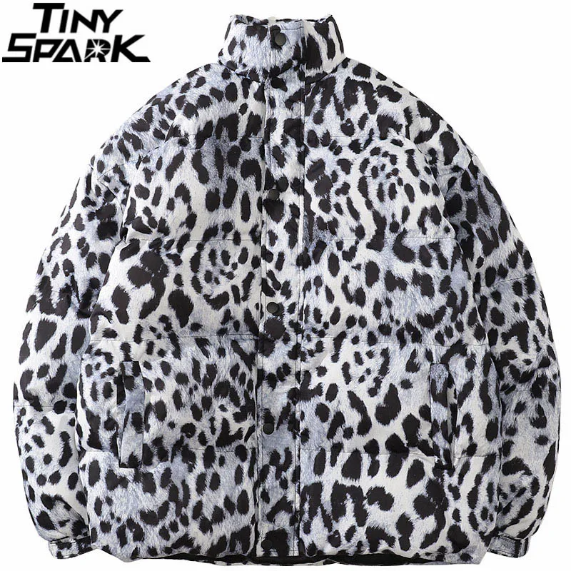 

2021 Men Hip Hop Parka Jacket Streetwear Leopard Print Padded Jacket Harajuku Cotton Winter Windbreaker Jacket Coat Outwear