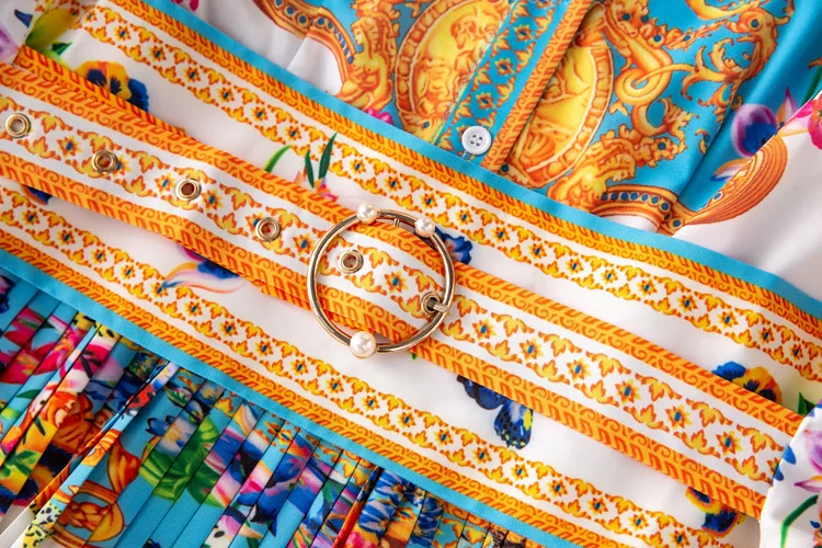 

High Quality Autumn Women's Lapel Single-breasted Nine-point Sleeves Waist Mid-length Pleated with Girdle Slim Printed Dress