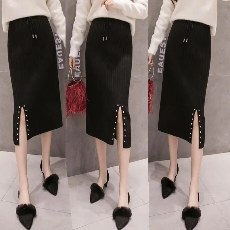 

2020 Women Knitted Skirt Spring Autun Female Button Sexy Slim Bodycon Elastic High Waist Pencil Long Skirt Jupe Femme Faldas Q40