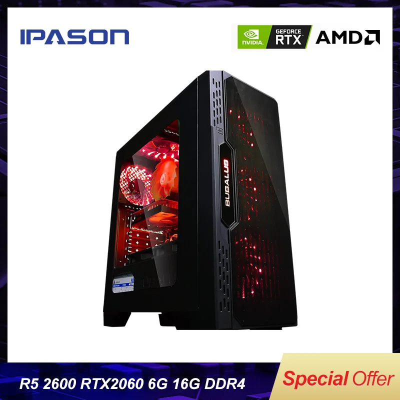 Лучший Игровой ПК Ipason AMD Ryzen5 2600/ B450/ 2060 6G/ DDR4 16G/ 240G SSD Настольный Компьютер