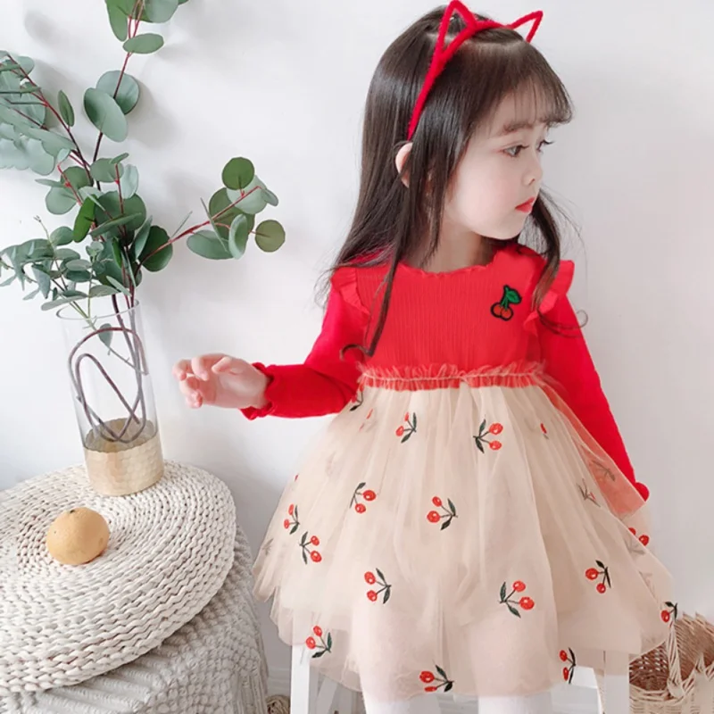 

Spring Autumn New Infant Baby Girls Cotton Mesh Long Sleeve Dress Cute Cherry Pattern Solid Color Patchwork Lovely Girl Dresses