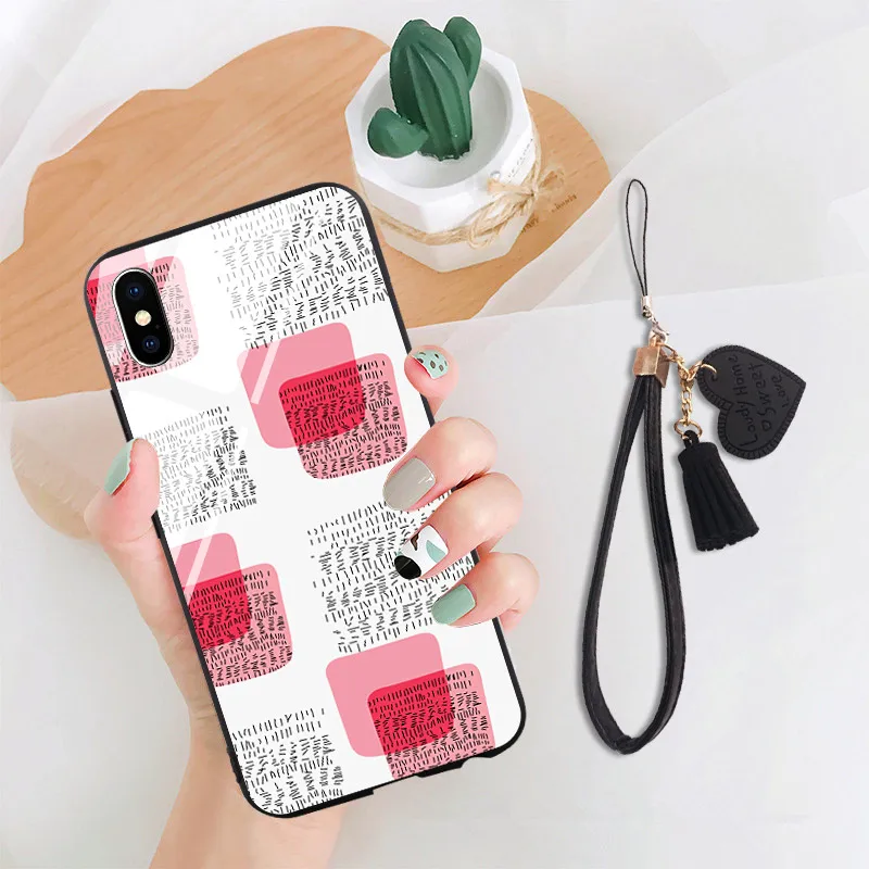 Phone Case For iPhone 11 Pro Max 5 6 6s 7 8 Plus X XR XS Tempered Glass Wrist Strap Cute Heart Pattern Girl Soft TPU Back Cover |
