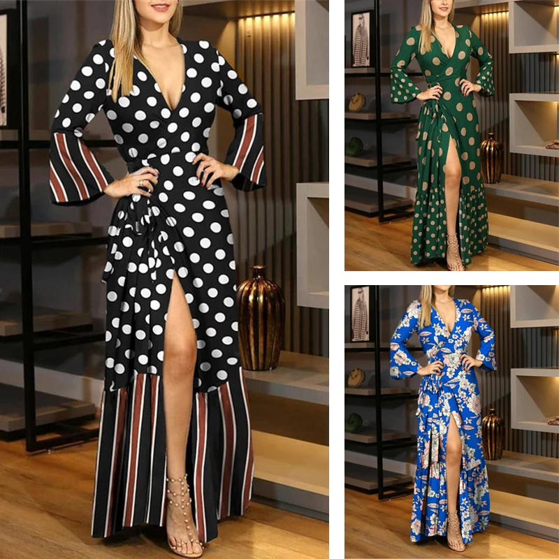 

Осеннее длинное платье для женщин 2021, элегантное платье макси в горошек с цветочным принтом, сексуальное платье с глубоким V-образным вырезо...