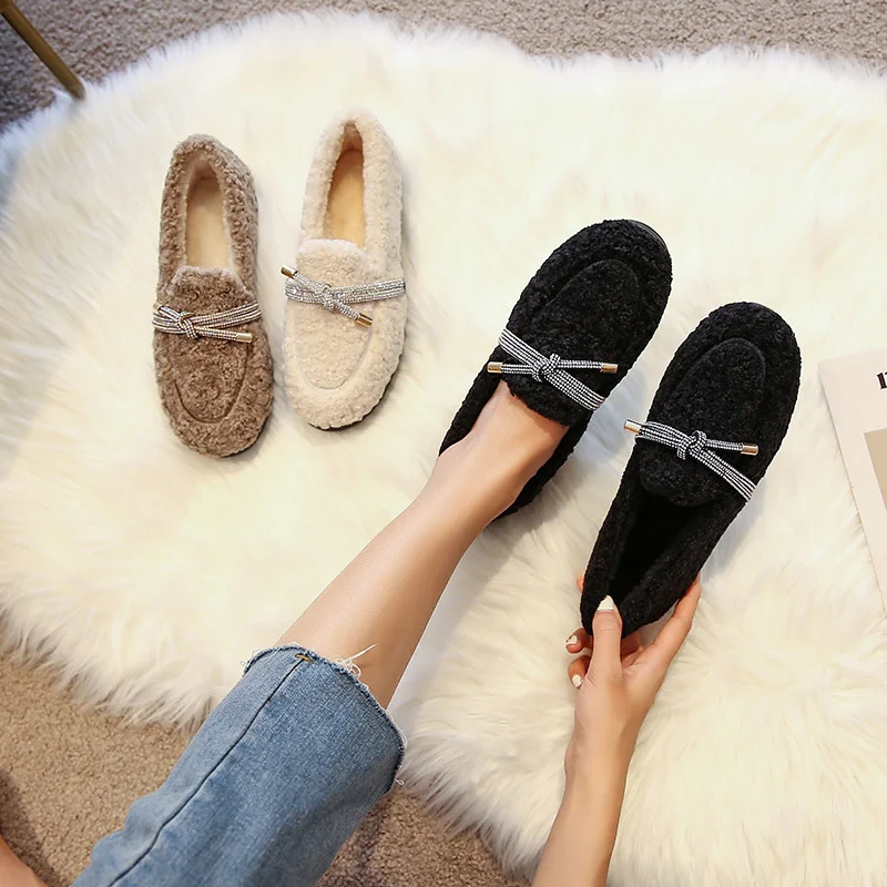 Fur Curly Shoes Woman Glitter Bowtie Cotton Flats Lambswool Loafers Ladies Winter Footwear Cashmere Plush Shoes Comfy Moccasins