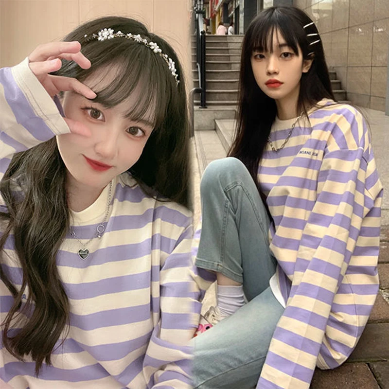 

Autumn Winter Korean Fashion Woman Clothes Student Loose Pinstripe Long Sleeve T Shirt Oversized Punk Pulovers Streetwear Purple