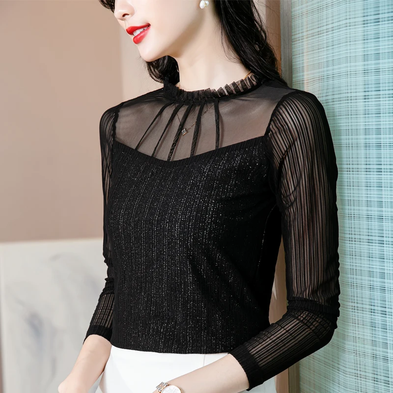 

Chikichi 2021 Spring and Autumn New Fashion and Elegant Round Neck Solid Color Mesh Long-sleeved Bottoming Blouse Women