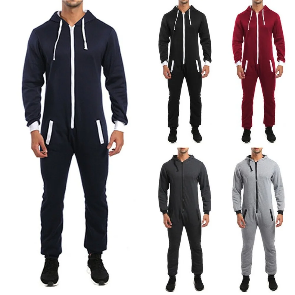

Men Jumpsuit Warm Bodysuit Long Sleeve Zip Up Hooded Playsuit Rompers Overall