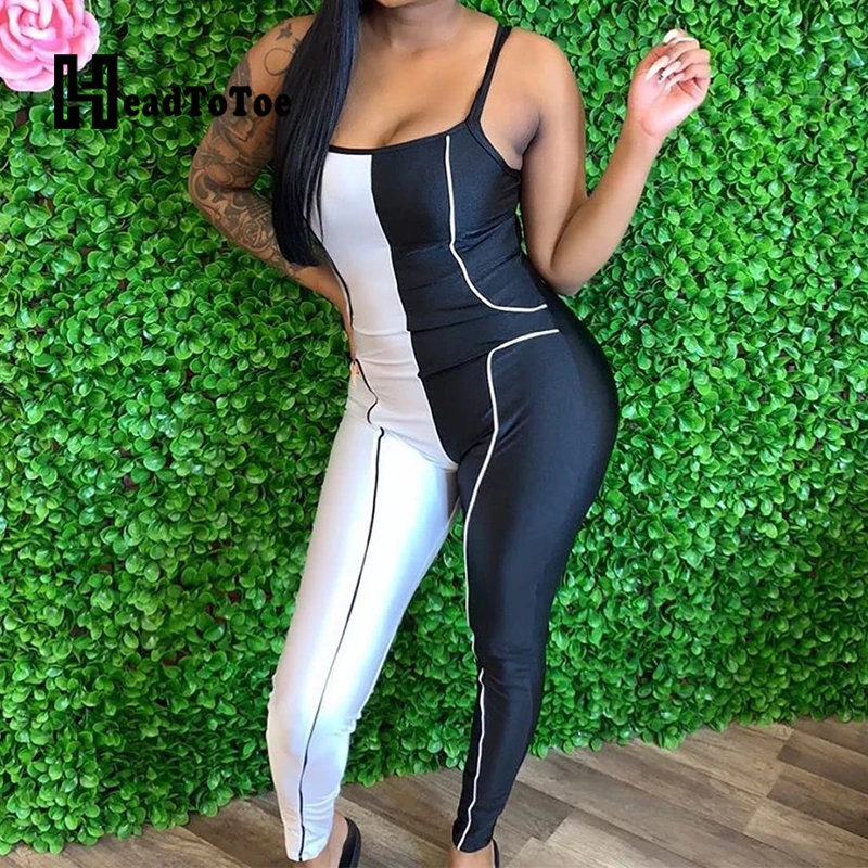 

Patchwork Print Sexy Casual Romper Women Spaghetti Strap U-shaped Collar Sheath Pleated Pencil Jumpsuit Women