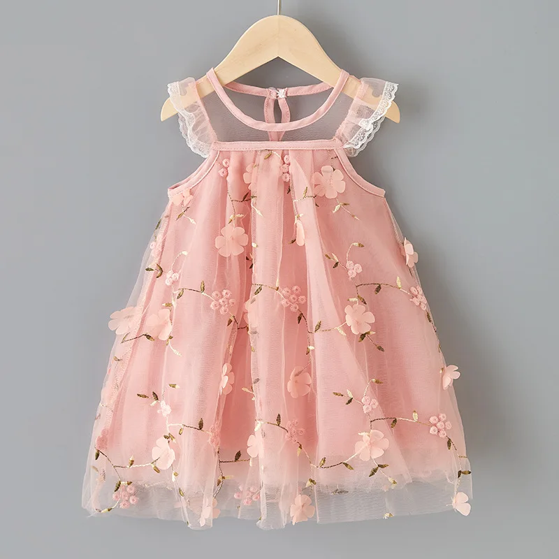 

Summer Baby Girls Dress Embroidered Lace Gauze Flowers Kids Dresses Princess Children's Clothes