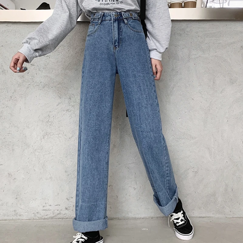 

Light Blue High Waist Buttons Straight Jeans Women Simple Plus Size Wide-leg Trousers Female Korean Fashion Harajuku Jeans Woman