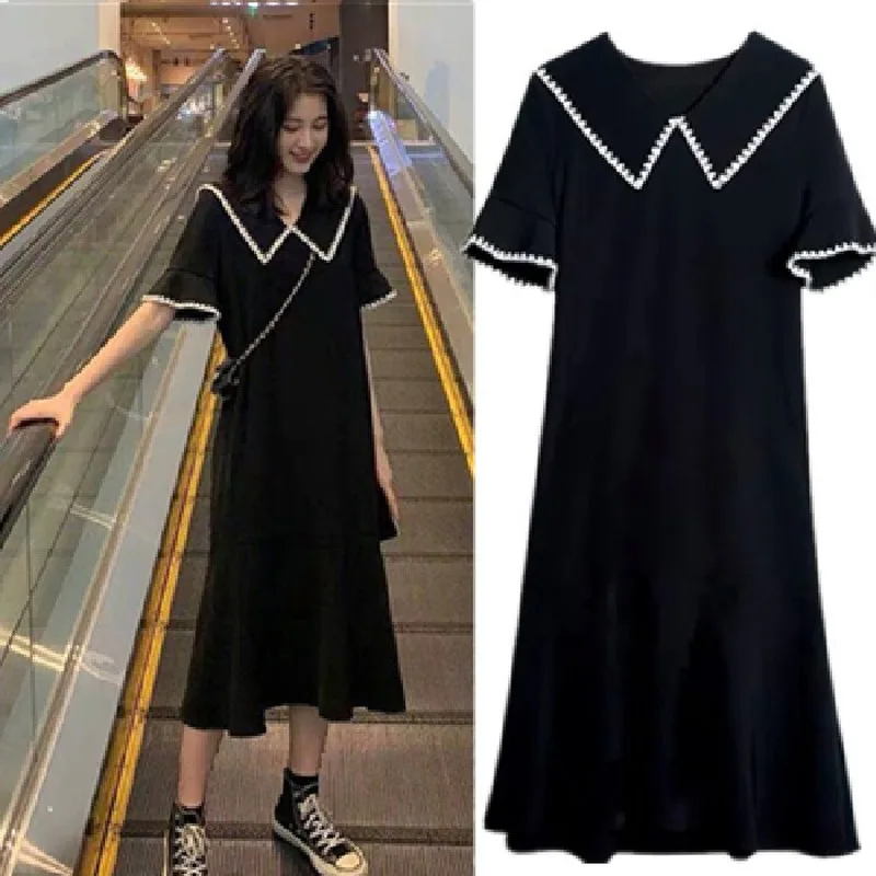 

Vintage ClotheS Summer Lady Long Chiffon V-Neck Dress 2020 New Korean Fashion Women Short Sleeved Plus Size 5XL Black Dress