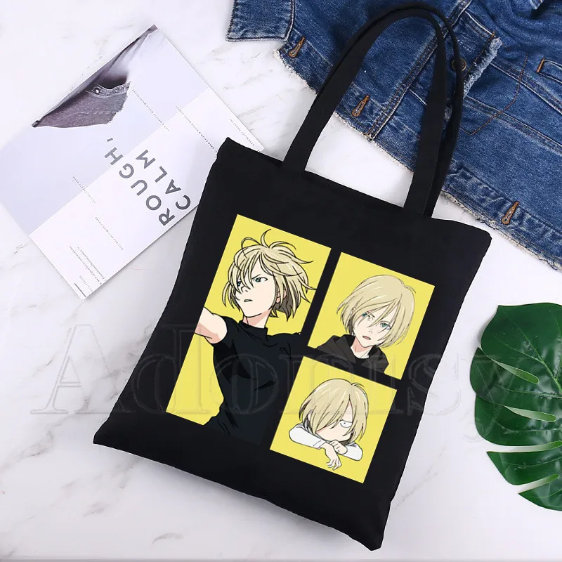 

Сумка-тоут Yuri on Ice унисекс, холщовая многоразовая, с принтом, для ежедневного использования, для путешествий, повседневная, Черная