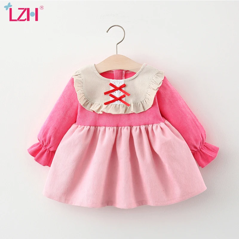 

LZH 2021 Spring Splicing Corduroy Dresses For Newborn Long Sleeve Warm Infant Girls Clothes Princess Dress For Children 1-4 Year