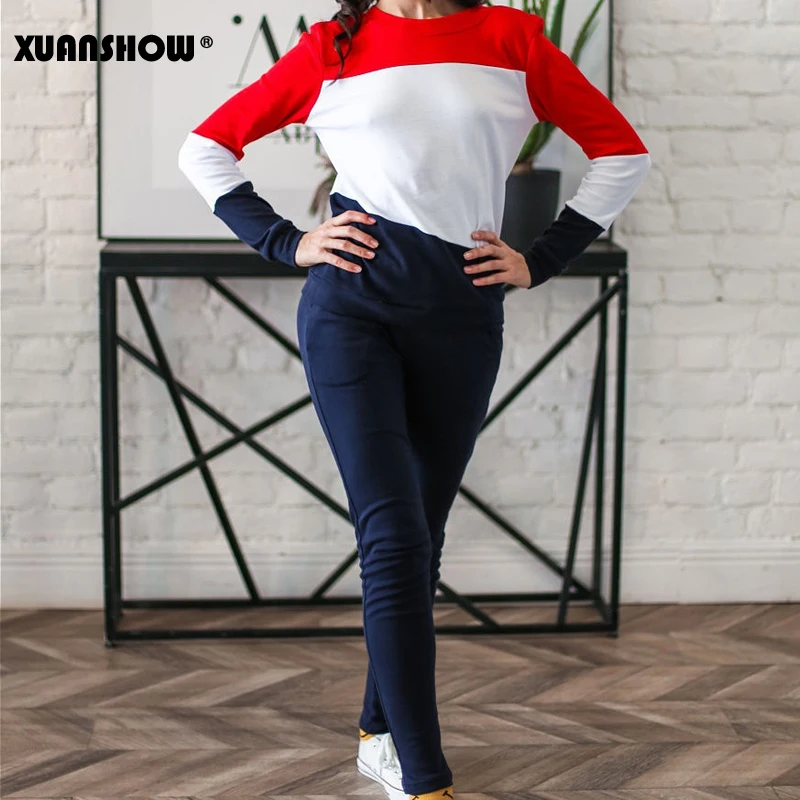 XUANSHOW спортивный костюм женский Новое поступление Осень зима сращивание Длинный рукав Толстовка и длинные брюки Набор из двух частей