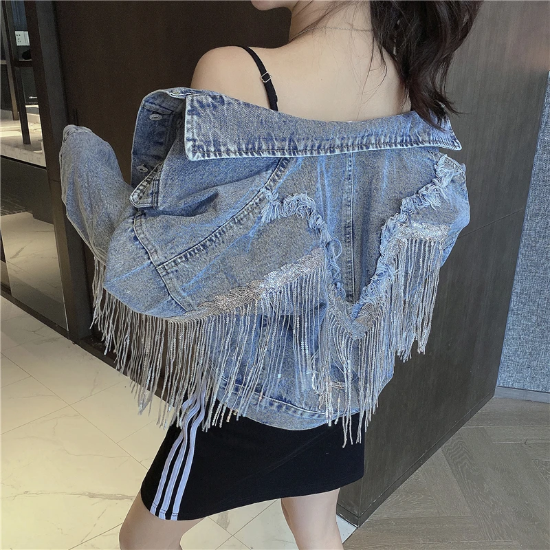 

Korean Women Bat Sleeve Tassel Short Denim Jackets Female Fashion Blue Loose Jeans Cropped Jacket Outwear Streetwear Jean Coats