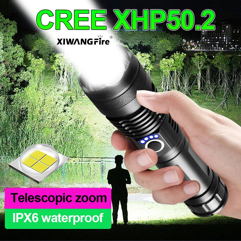 

USB Rechargeable LED Flashlight Torch Light CREE XHP50 Most Powerful Tactical Flashlight 18650 Bright Waterproof Zoom Hand Lamp