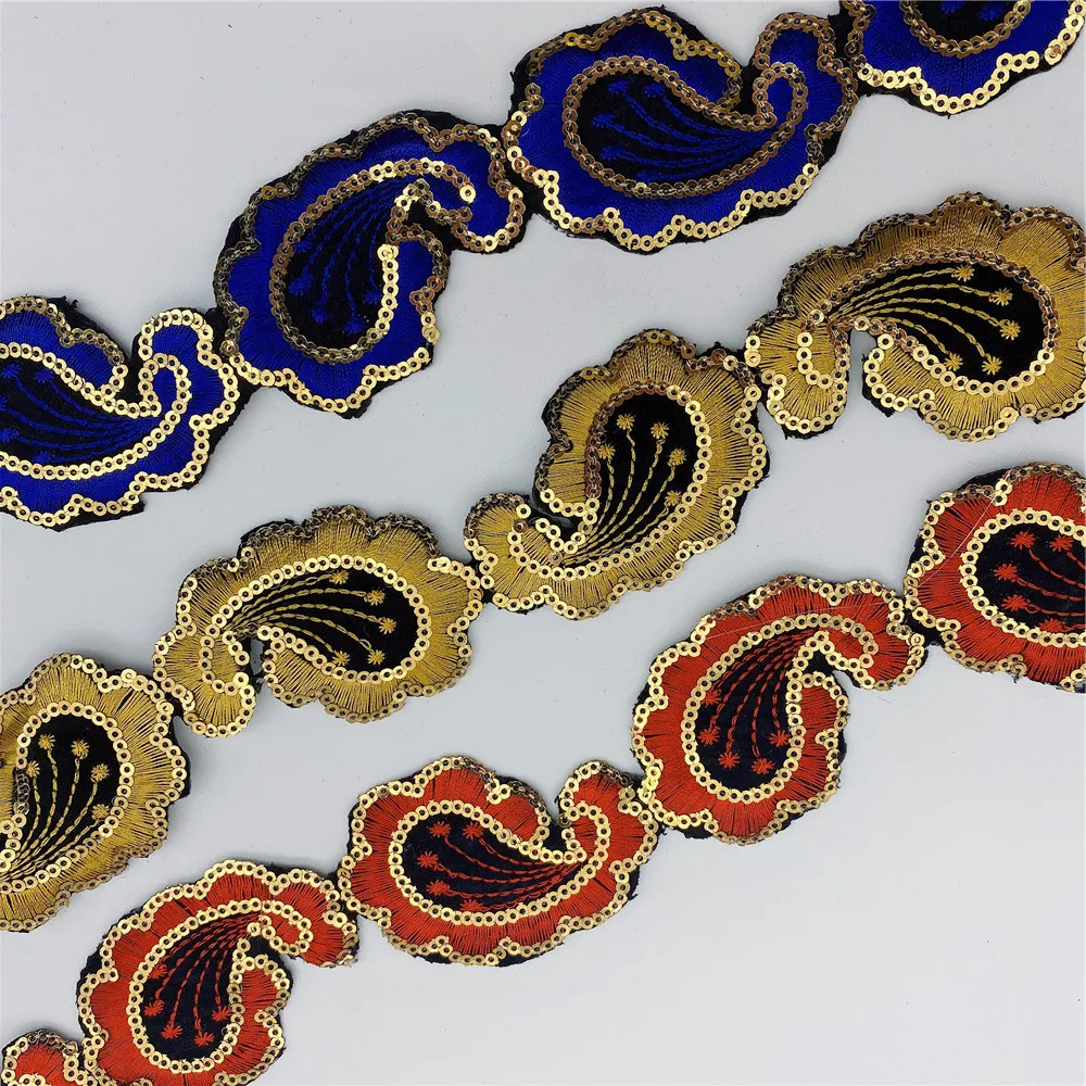 

10yards colorful Sequins Lace Ribbon African Embroidered Flower Trim Tape Iron On Fabric DIY Clothes Headdress