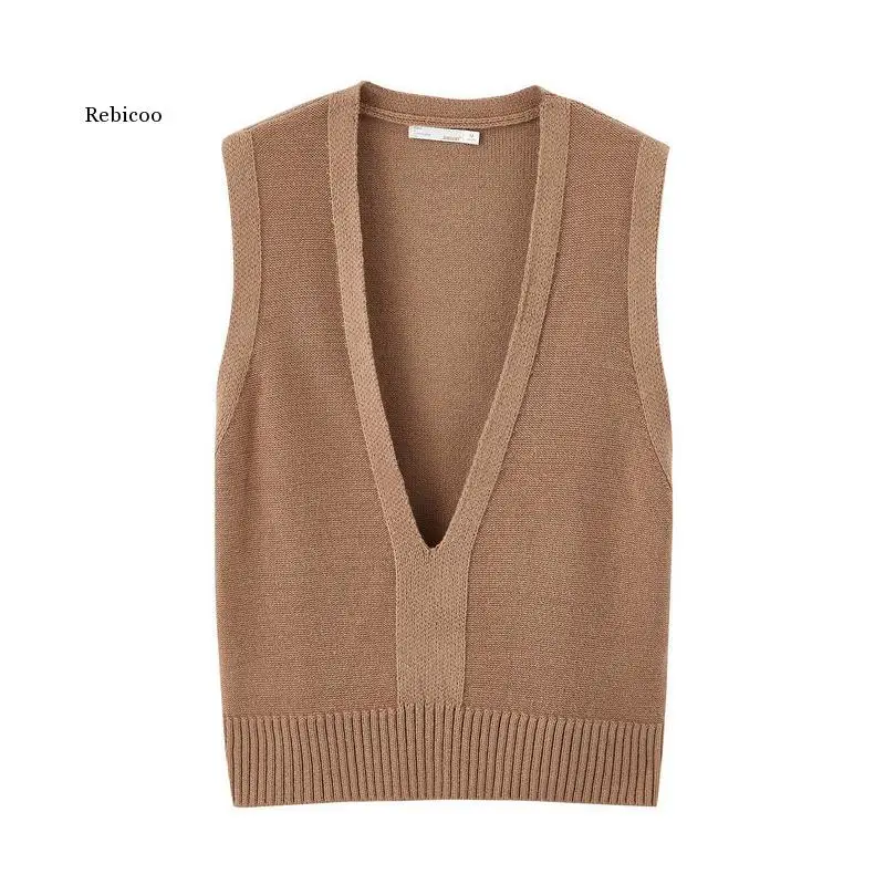 

Spring Autumn Solid Deep V-Neck Sleeveless All Matched Women Sweater Short Snit Vest