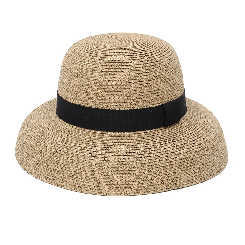 

4 Colors Summer Hats For Women Ladies Beach Fashion Panama Casual Sun Hats With Black Ribbon Straw Hat Paper Dome Cap