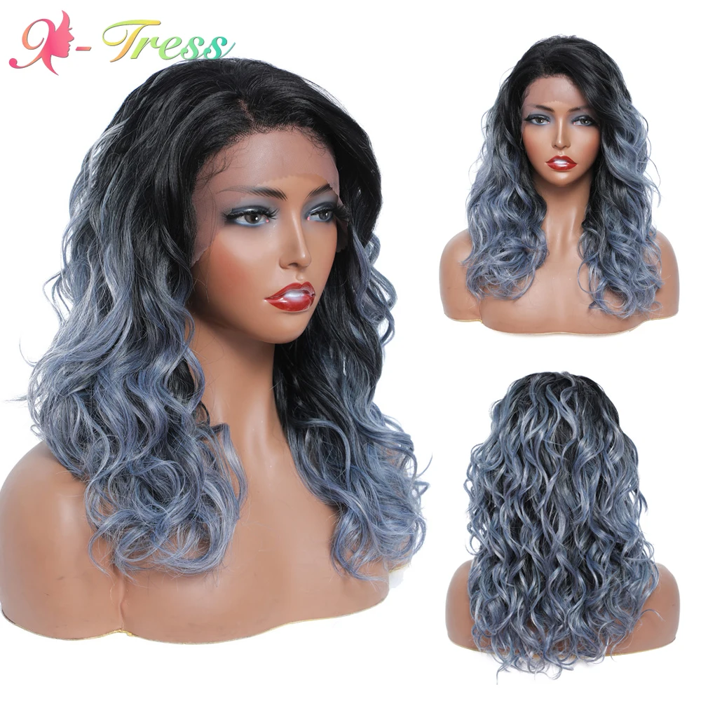 

X-TRESS Ombre Grey Blue Curly Wig Synthetic Lace Wigs for Black Women High Temperature Friber Glueless Free Part Lace Hair Wig