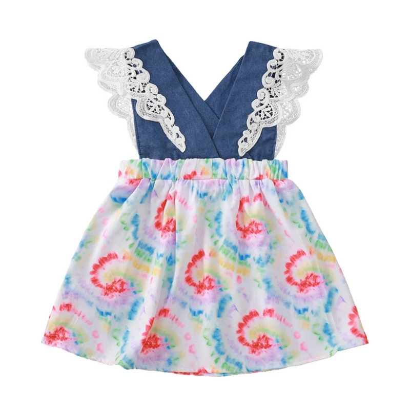 

2021 Cute Little Baby Summer Casual Dress Baby Girls Print Patter Lace Flare Sleeve Kids Princess Layered Short Sleeve Dress
