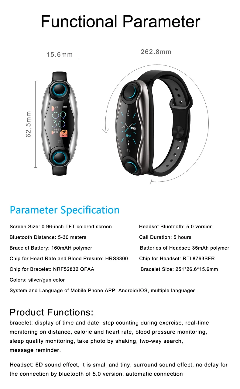 T90 фитнес-браслет Bluetooth 5,0 с беспроводными наушниками IP67 водонепроницаемые спортивные Смарт-часы для телефона Android IOS