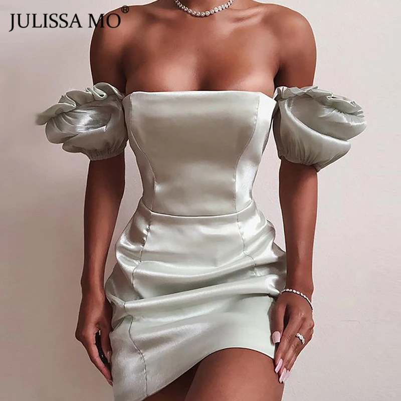 Julissa mo сатиновое элегантное женское платье с пышными рукавами, Осеннее облегающее мини-платье без бретелек, модные Клубные вечерние платья с оборками, короткие платья