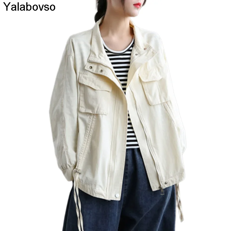 

Женская винтажная куртка в стиле Харадзюку, черная, хаки, белая куртка свободного покроя с кулиской, на молнии, Yalabovso