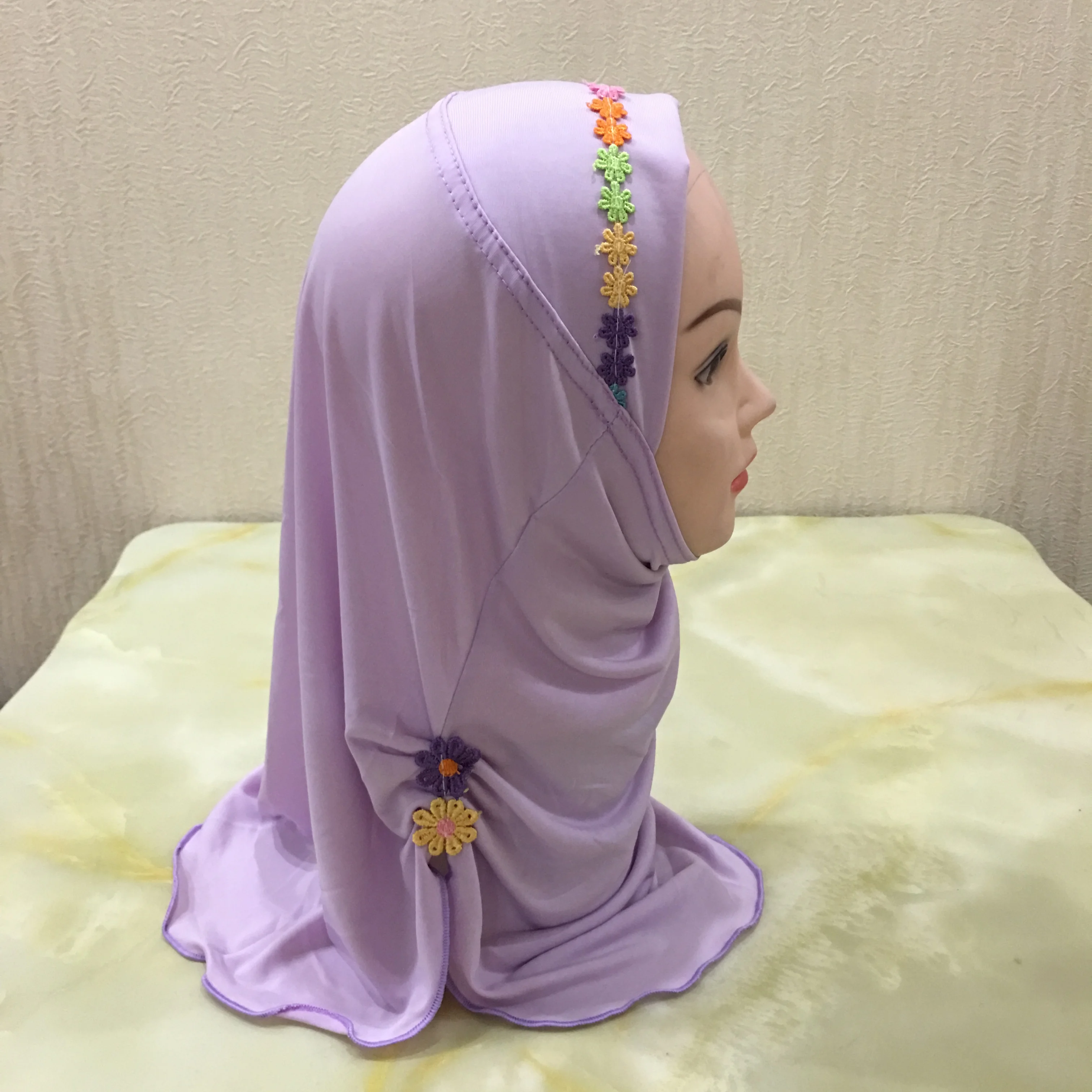 Muslim Girls Hijab Scarf Handmade Flower Applique Islamic Kids Turban Plain Headwrap Shawl Elastic Burqa for 2-7 Years Children |