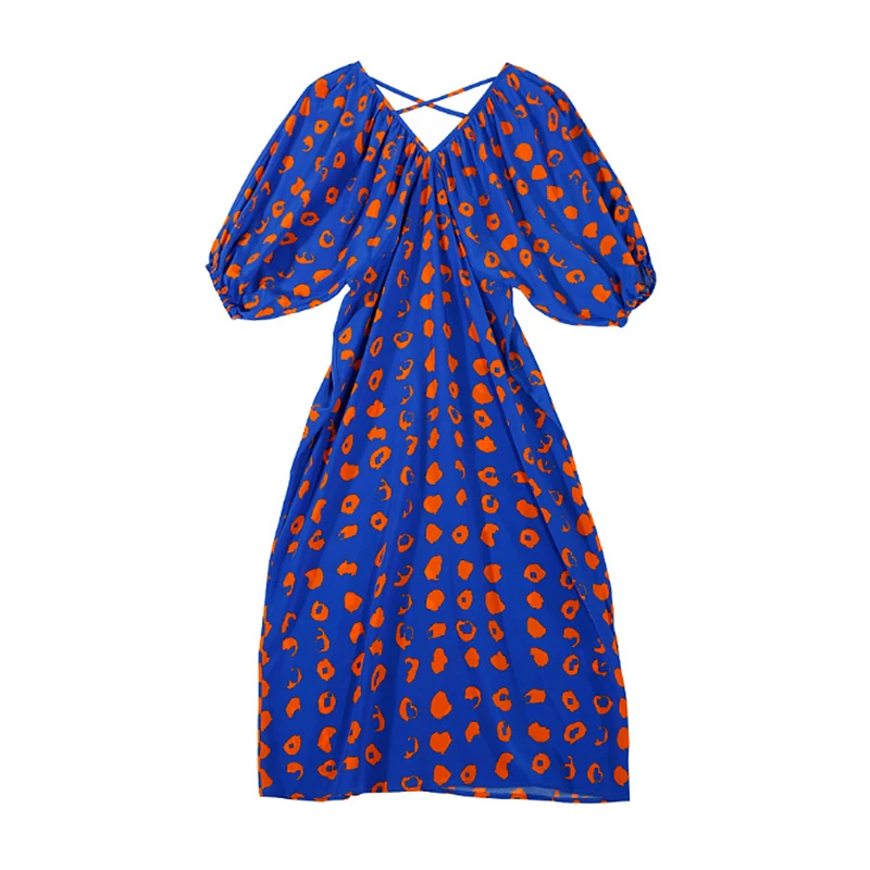 

Dress Women Sweet Style 100% Silk Printed V Neck Raglan Lantern Sleeves Dimensional cut Loose Casual Dresses Ladies New Fashion