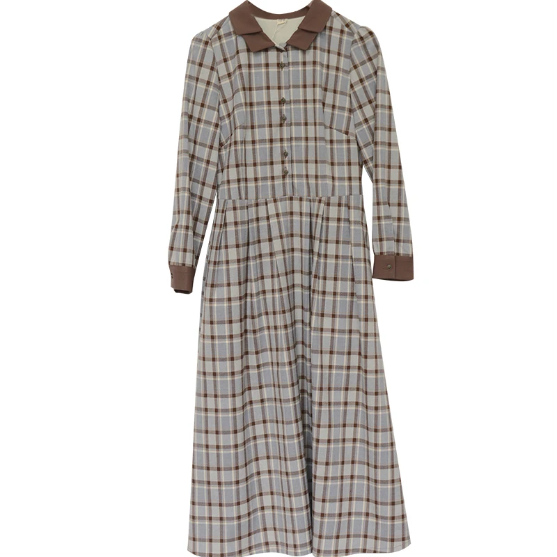 

CYNTHIA Women Plaid Dresses Female Vintage Turn-down Collar Long-sleeve Slim-fit Single-breastaed Waisted Dresses